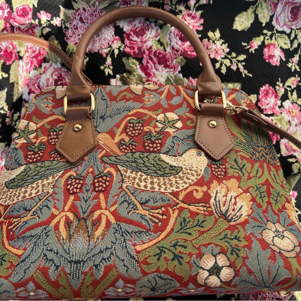 Tapestry Bird-Print Crossbody Satchel in Rust and Olive with Brown Trim
